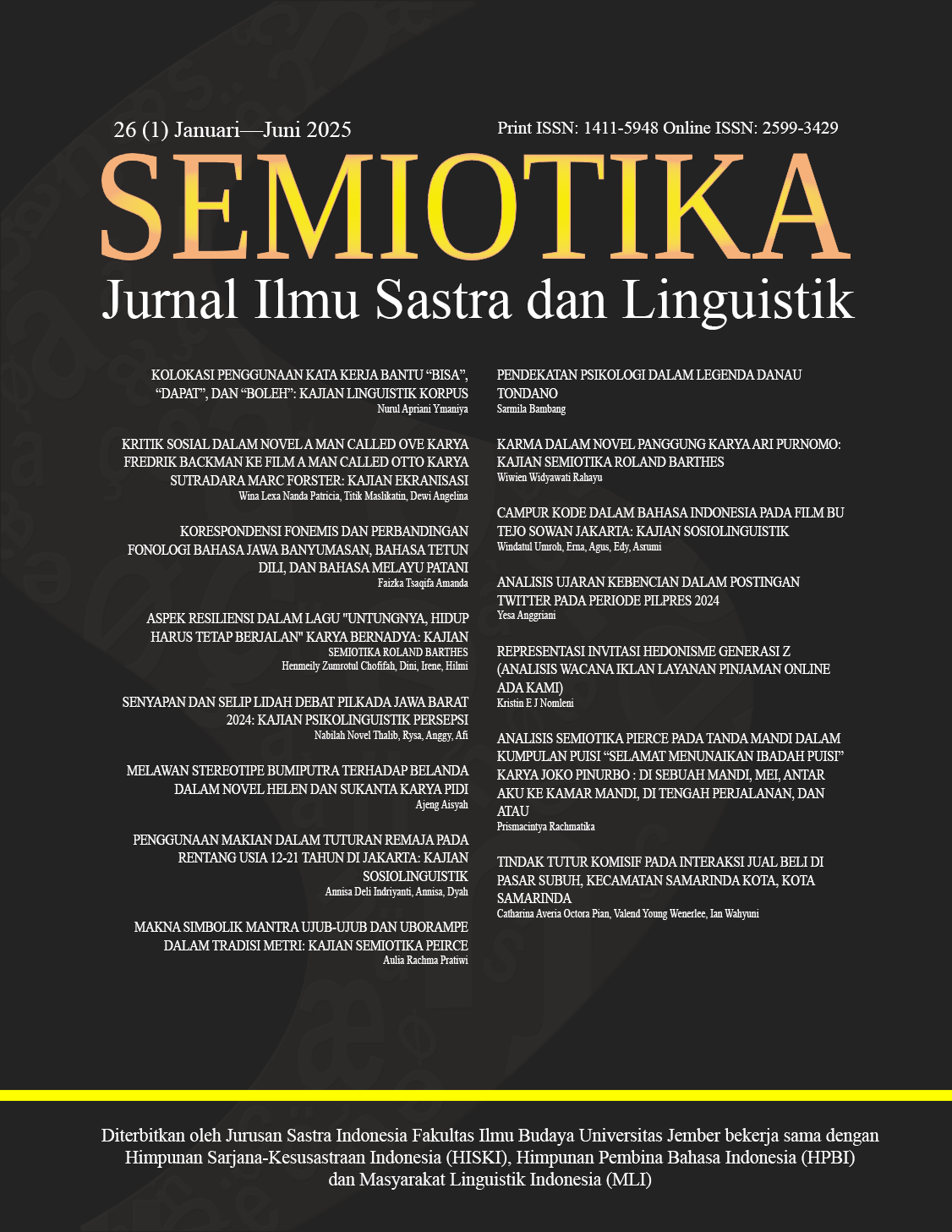 					View Vol. 26 No. 1 (2025): SEMIOTIKA: Jurnal Ilmu Sastra dan Linguistik
				