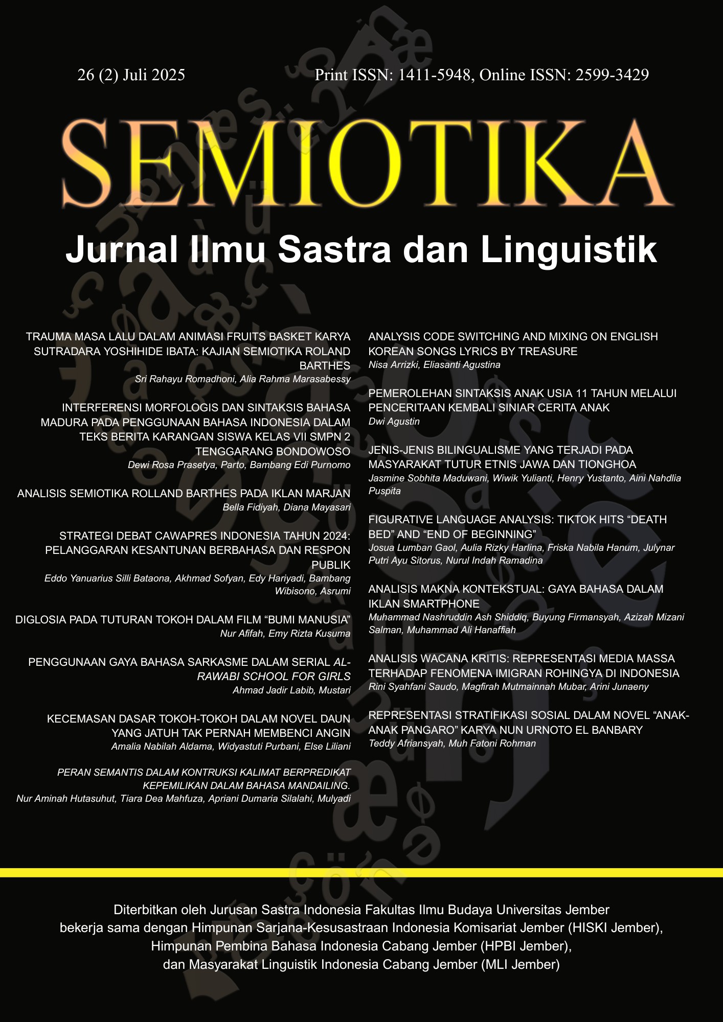 					View Vol. 26 No. 2 (2025): SEMIOTIKA: Jurnal Ilmu Sastra dan Linguistik
				